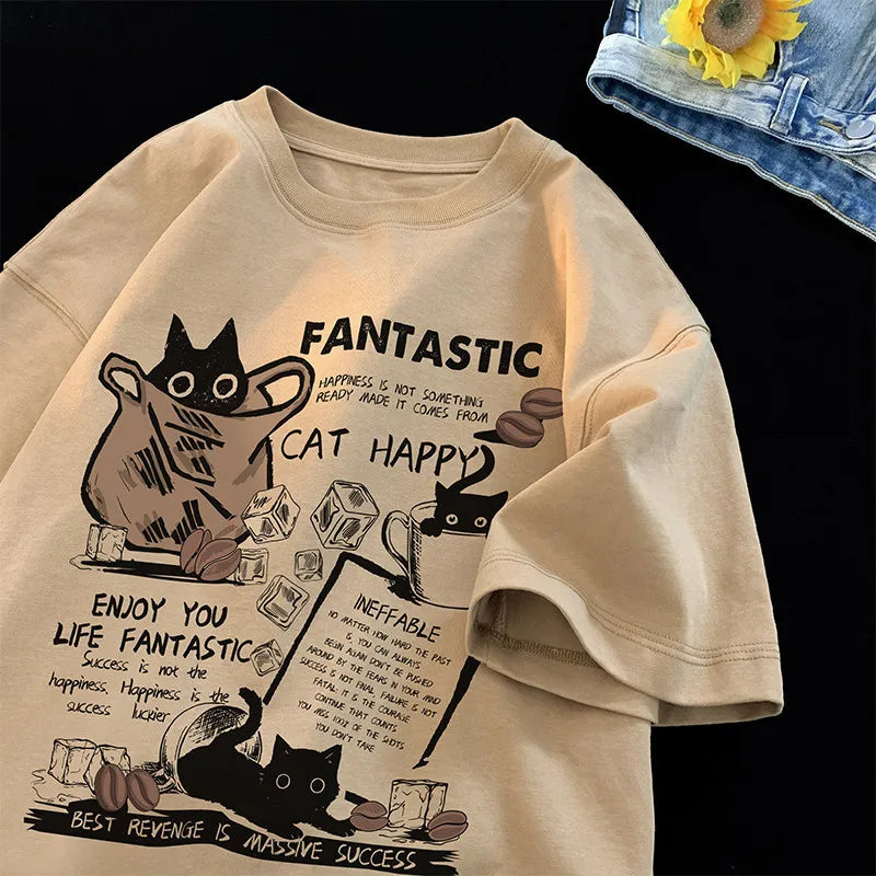 Unisex Oversized Cartoon Cat T-Shirt – Korean Streetwear Pullover