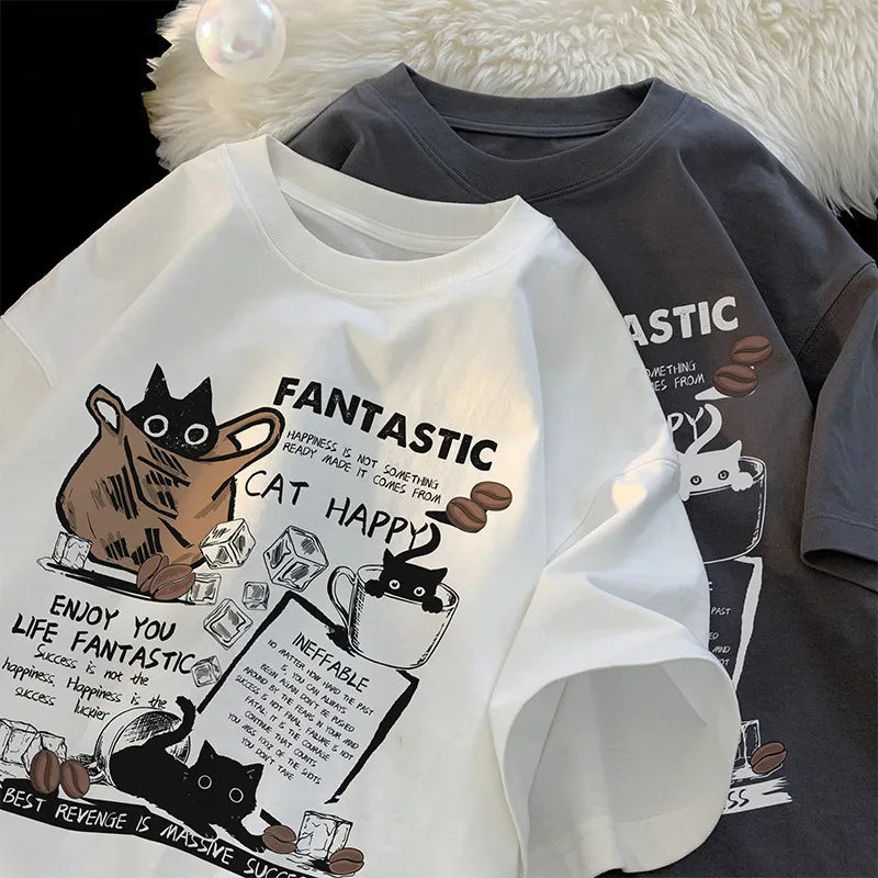 Unisex Oversized Cartoon Cat T-Shirt – Korean Streetwear Pullover