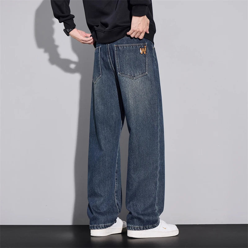 Fleece Jeans Winter Wide Leg Men's Warm Plush Velvet Denim Pants Fashion Korean Straight Streetwear Loose Thick Thermal Trousers