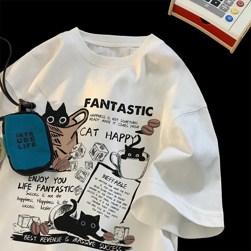 Unisex Oversized Cartoon Cat T-Shirt – Korean Streetwear Pullover