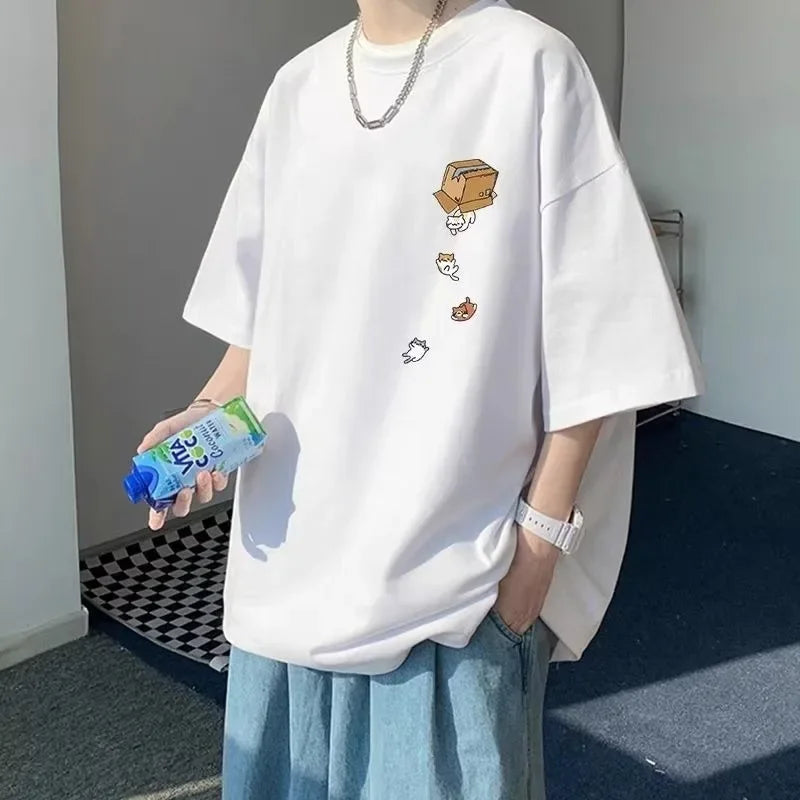 Men’s Oversized Korean Cartoon Kitten Print T-Shirt – Streetwear Fit