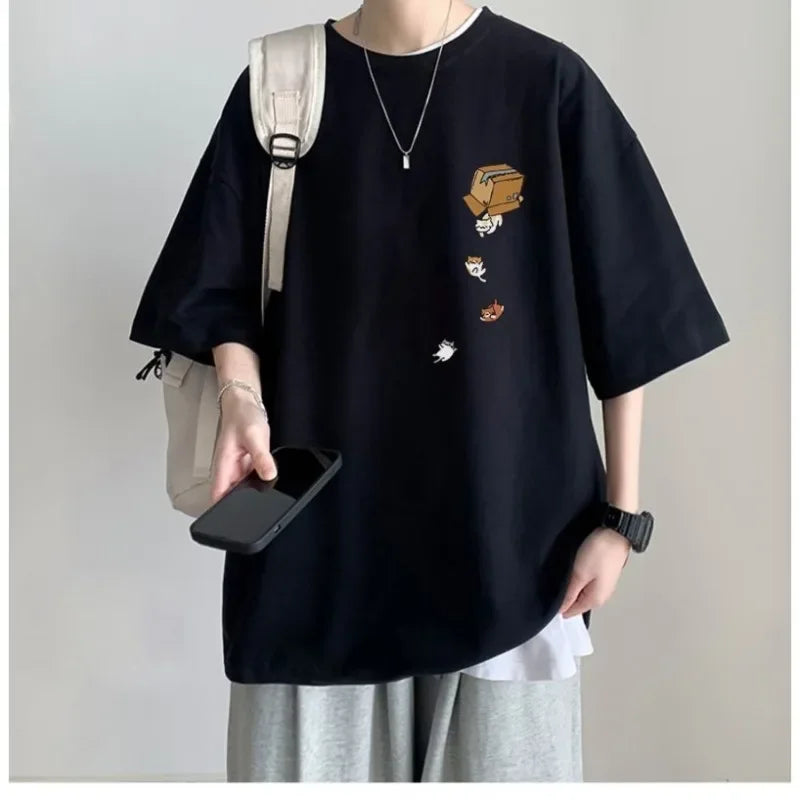 Men’s Oversized Korean Cartoon Kitten Print T-Shirt – Streetwear Fit