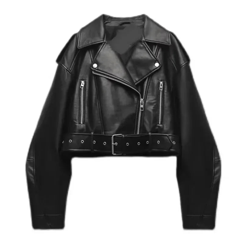 Women’s Oversized Vintage Faux Leather Jacket – Belted Streetwear Coat