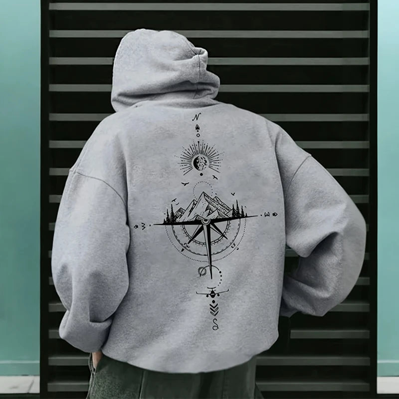 Men’s Vintage Compass Print Hoodie – Premium Casual Pullover