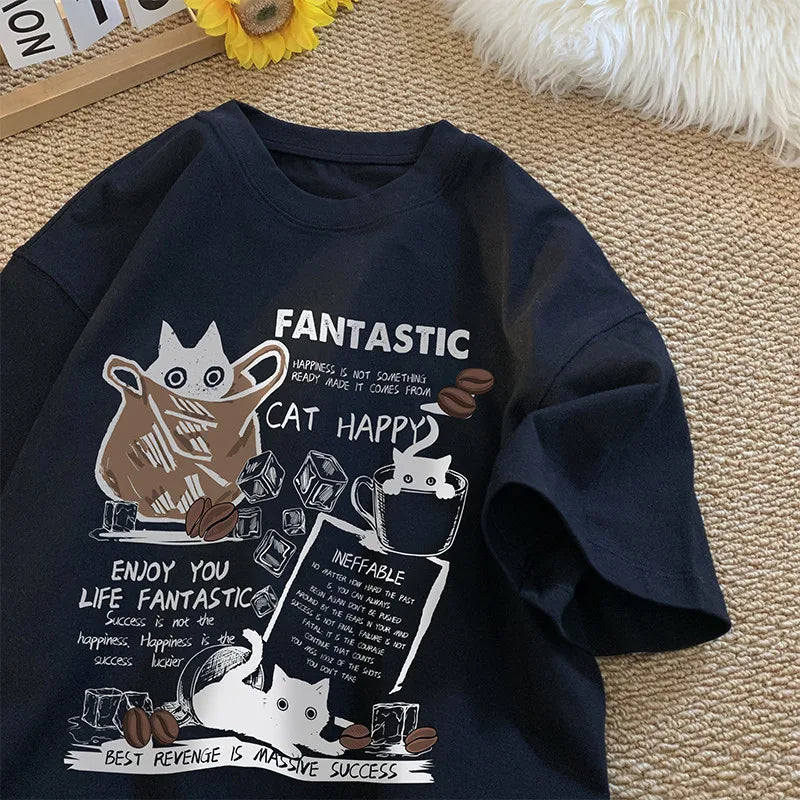 Unisex Oversized Cartoon Cat T-Shirt – Korean Streetwear Pullover