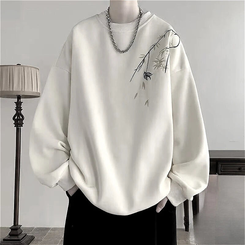 Men’s Oversized Bird Print Sweatshirt – Chinese-Inspired Streetwear (M–8XL)