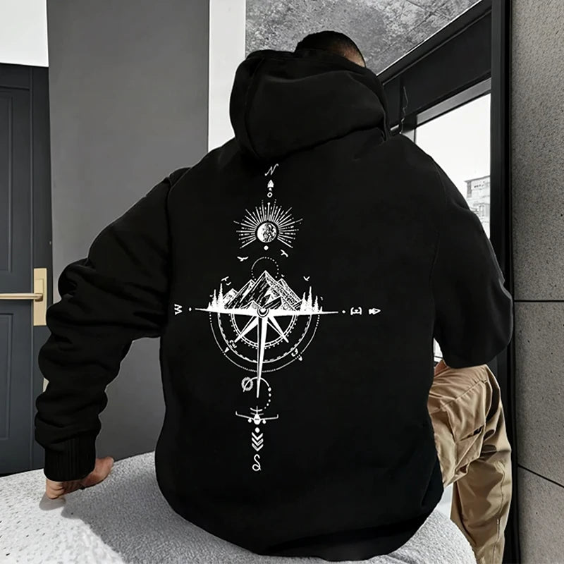 Men’s Vintage Compass Print Hoodie – Premium Casual Pullover