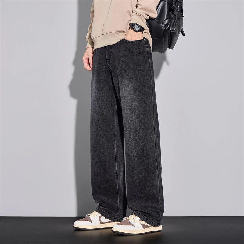 Fleece Jeans Winter Wide Leg Men's Warm Plush Velvet Denim Pants Fashion Korean Straight Streetwear Loose Thick Thermal Trousers