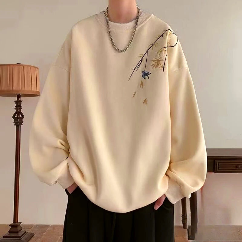 Men’s Oversized Bird Print Sweatshirt – Chinese-Inspired Streetwear (M–8XL)