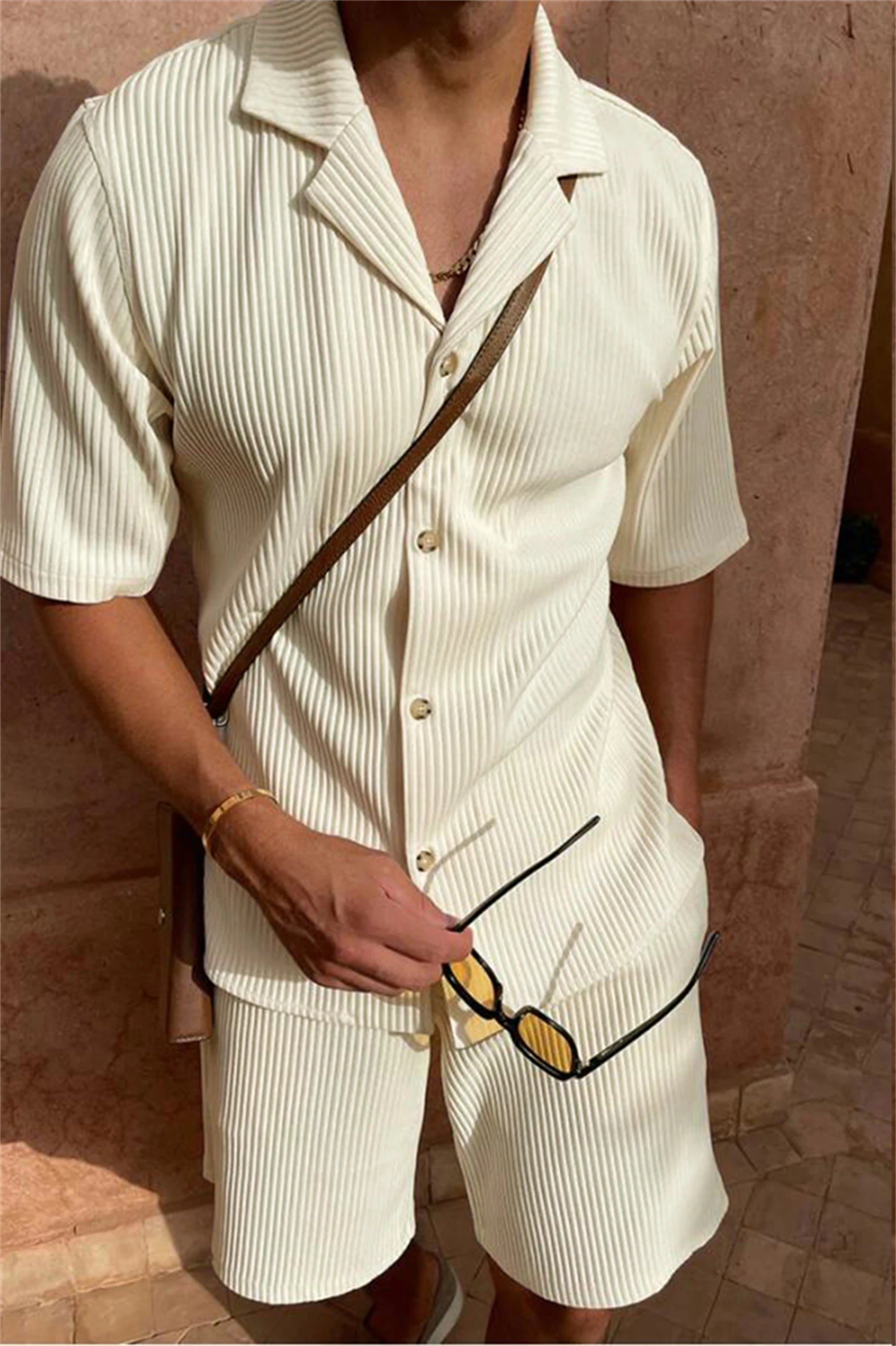 Men’s Corduroy Short Sleeve Shirt &amp; Shorts Set – Spring/Summer Casual Suit