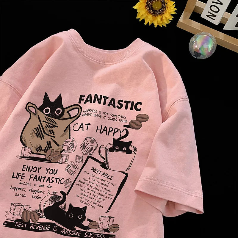 Unisex Oversized Cartoon Cat T-Shirt – Korean Streetwear Pullover