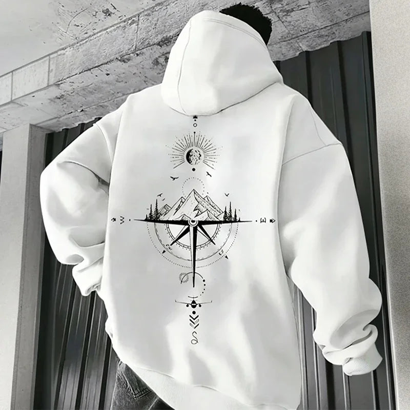 Men’s Vintage Compass Print Hoodie – Premium Casual Pullover