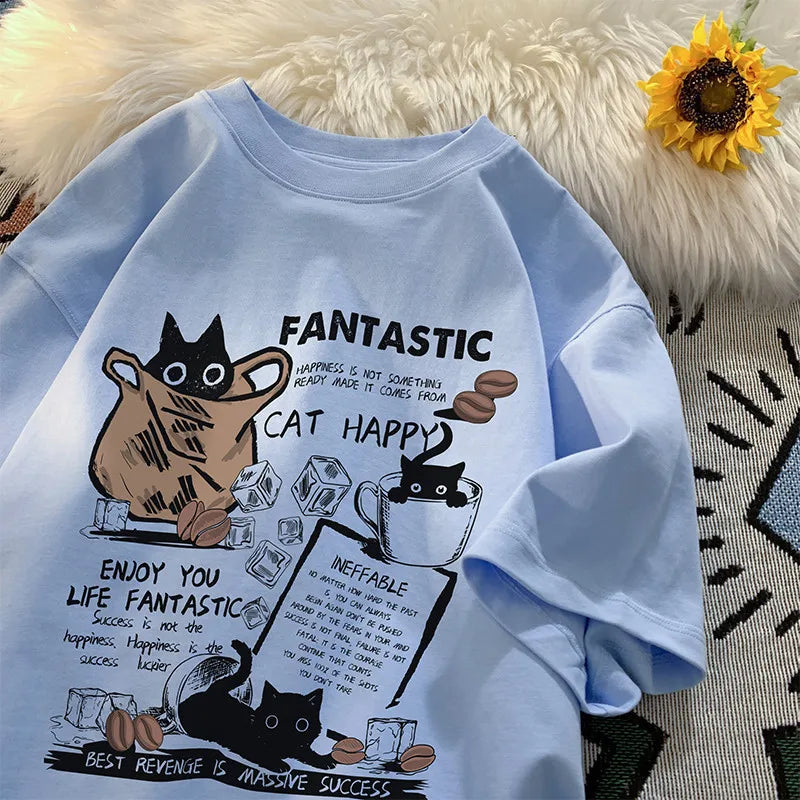 Unisex Oversized Cartoon Cat T-Shirt – Korean Streetwear Pullover