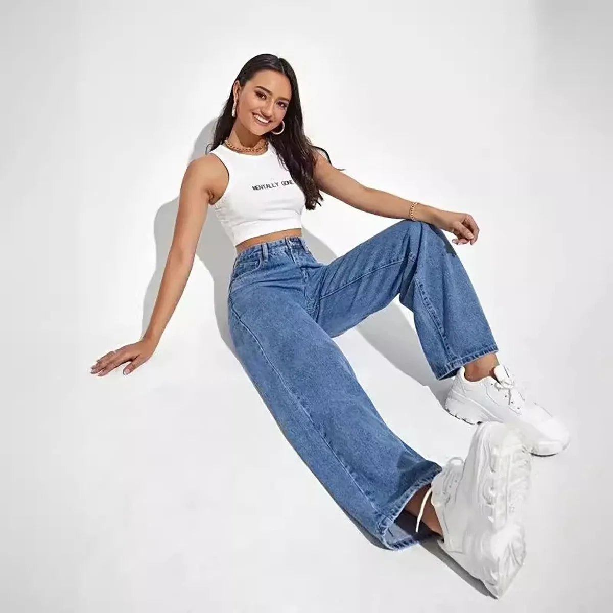 Women’s Retro Blue Y2K Jeans – High-Waisted Baggy Straight Fit