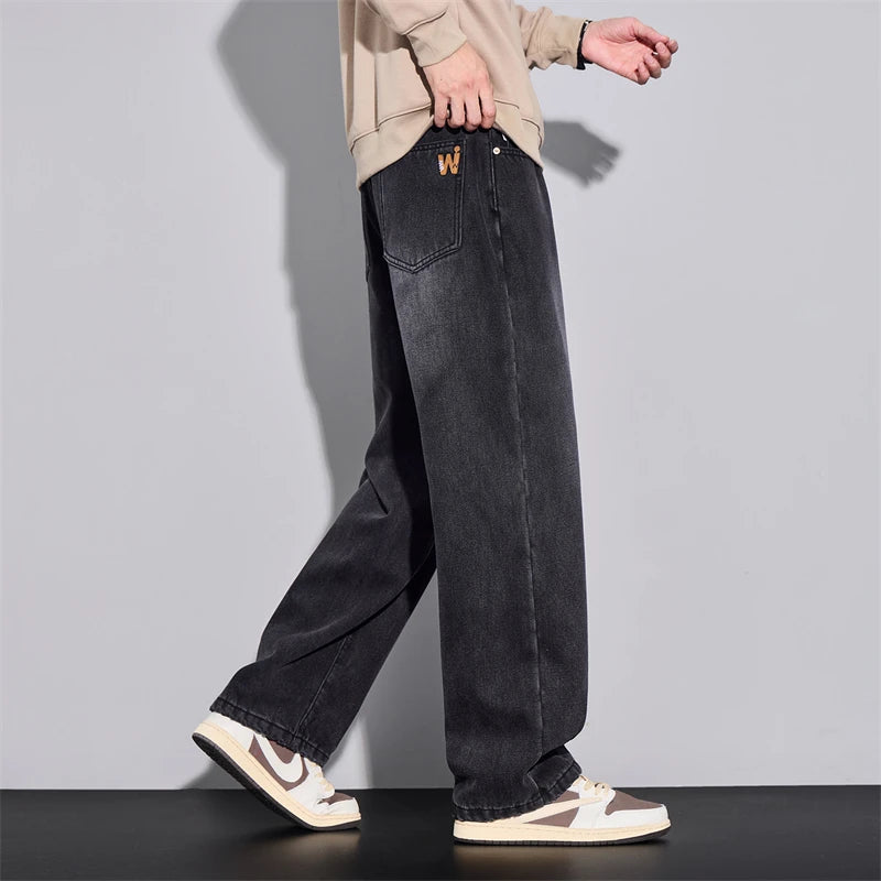 Fleece Jeans Winter Wide Leg Men's Warm Plush Velvet Denim Pants Fashion Korean Straight Streetwear Loose Thick Thermal Trousers